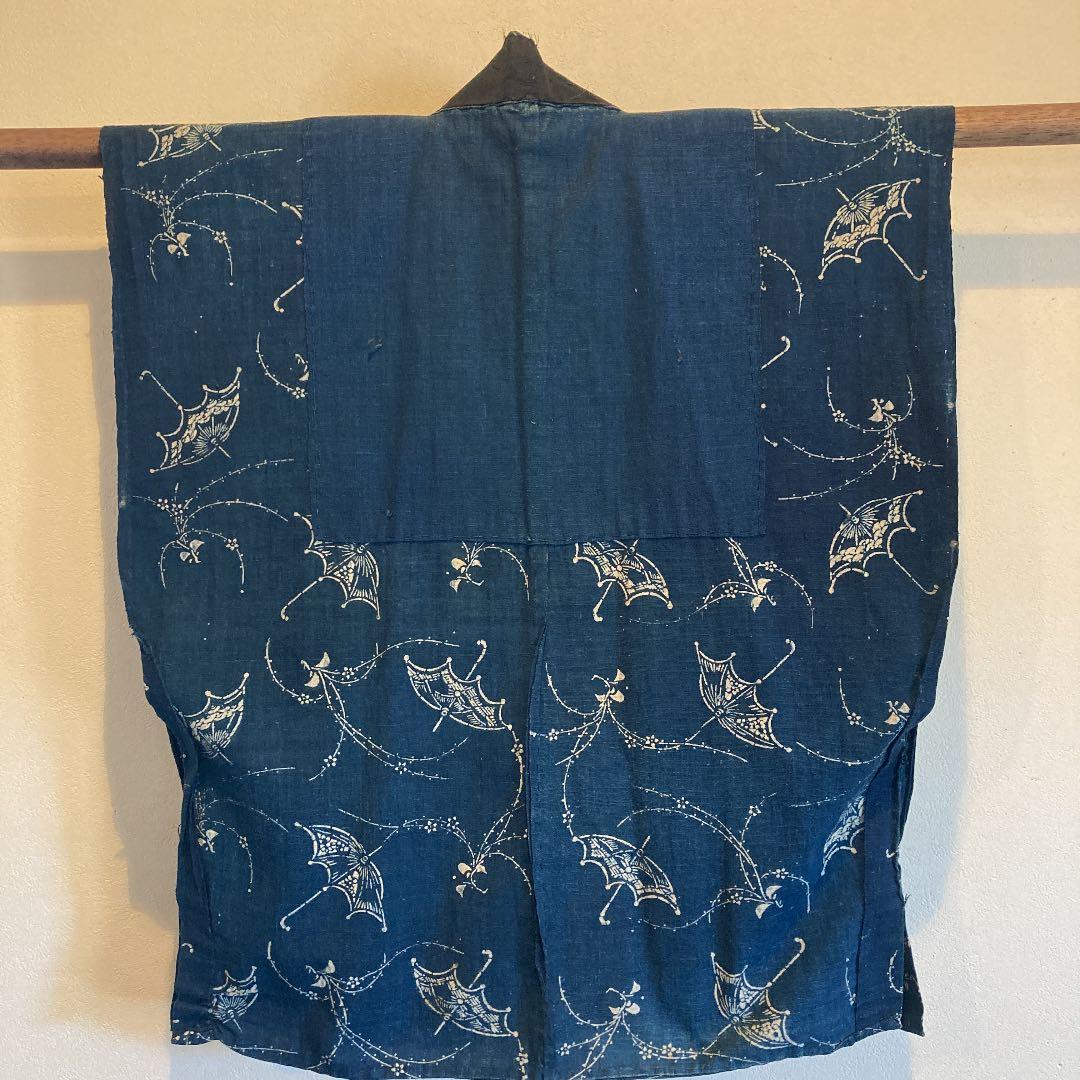 古布　半襦袢　両面染め　型染　藍染　袖無し　日傘　ハイカラ　パラソル