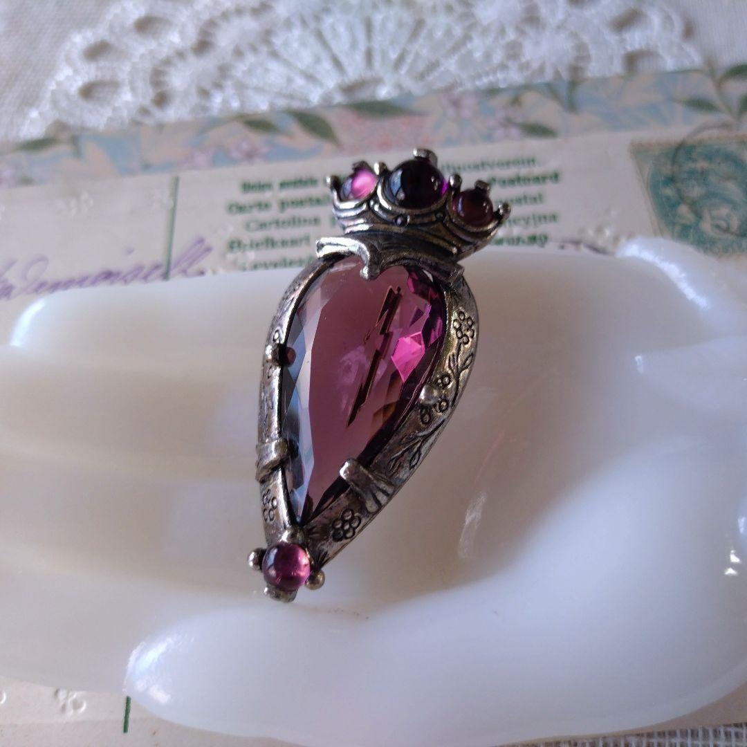 イギリス製ヴィンテージ　MIRACLE　パープルガラス　ハート　王冠　ブローチ