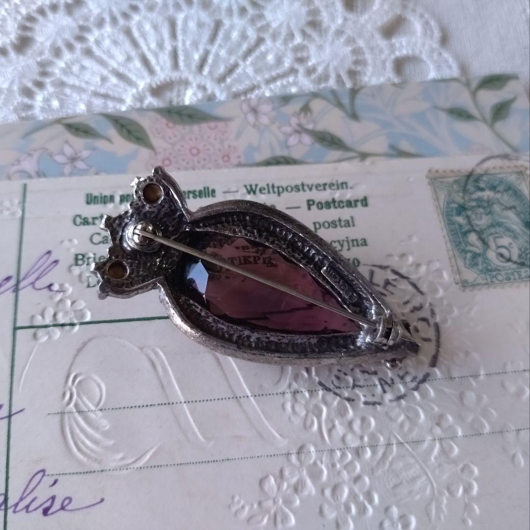 イギリス製ヴィンテージ　MIRACLE　パープルガラス　ハート　王冠　ブローチ