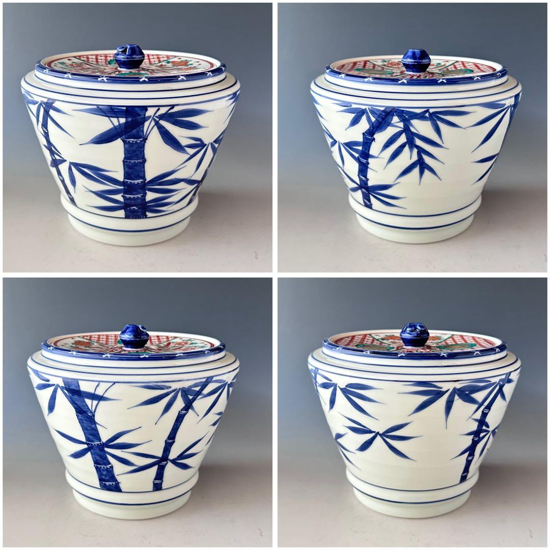 茶道具　染付　竹　水指　蓋赤絵　手塚桃峰　共箱　京焼　茶会　稽古　棚