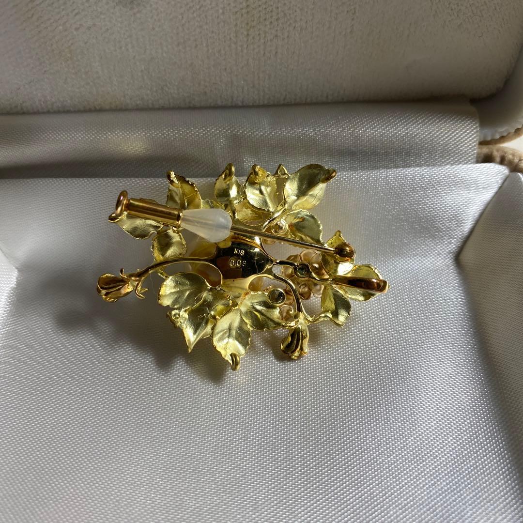 シロチョウ養殖真珠 無色石ダイヤピンブローチ K18刻印あり