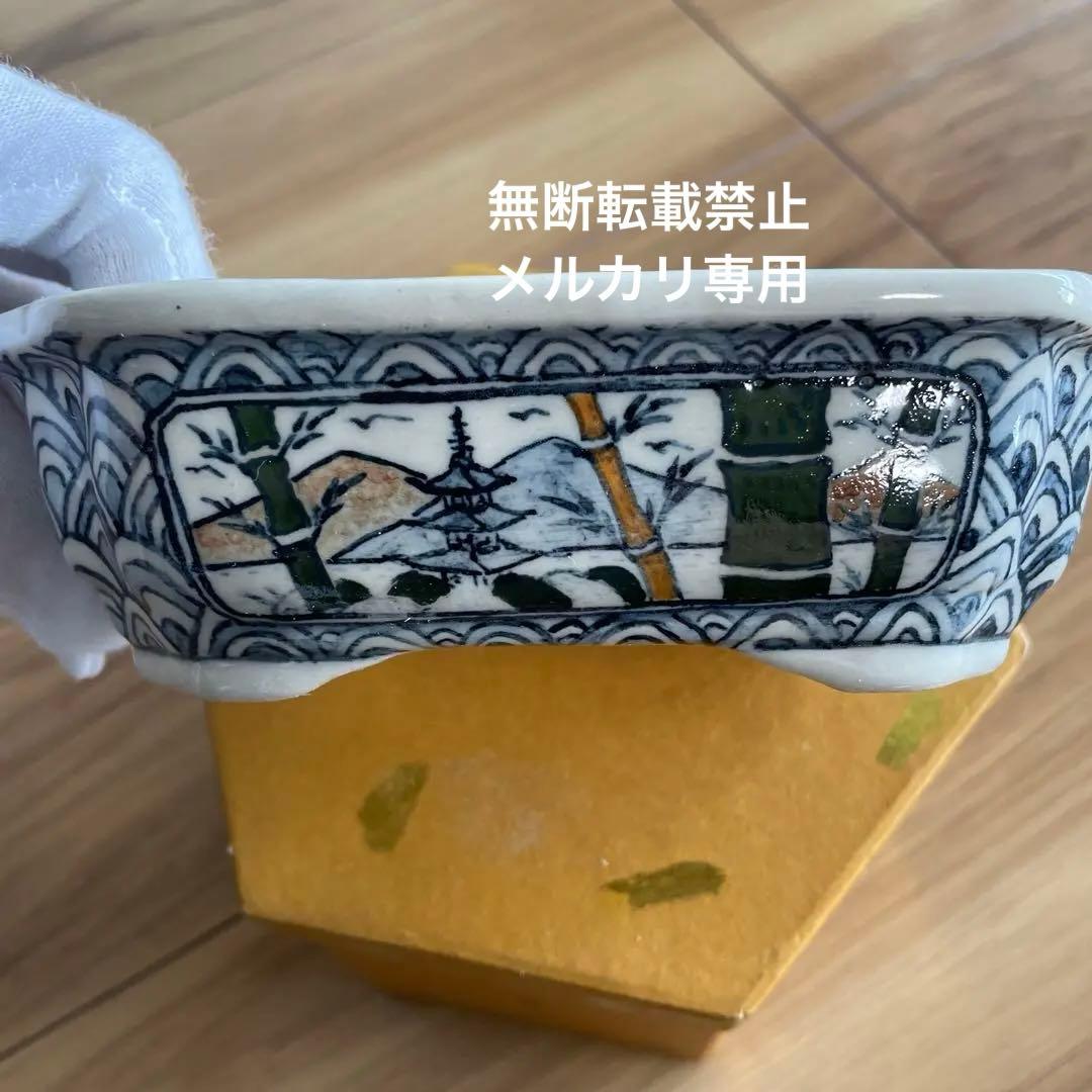 盆栽鉢　桑津香石　絵鉢　大きめ長方形　鳥　松　小品盆栽
