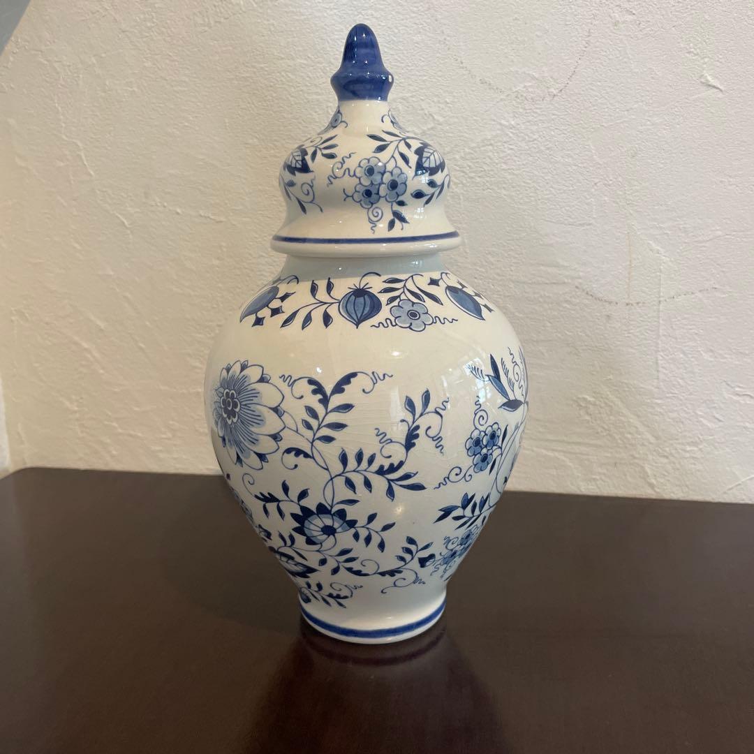 青と白の花柄 蓋付き壺　オランダ　デルフト焼き　アンティーク雑貨