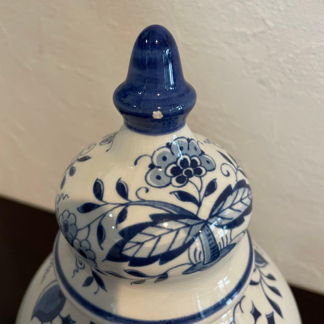 青と白の花柄 蓋付き壺　オランダ　デルフト焼き　アンティーク雑貨