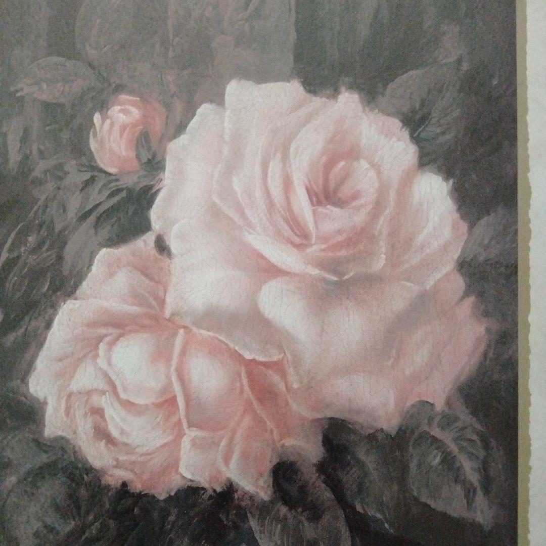 大型バラの絵画　装飾的ゴールドフレーム　金色額縁　アンティーク　イタリア製