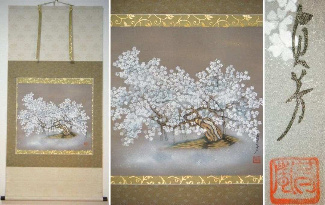 【真作】掛軸　三木貞芳　淡墨桜　　人気画家　名品　共箱入　O196