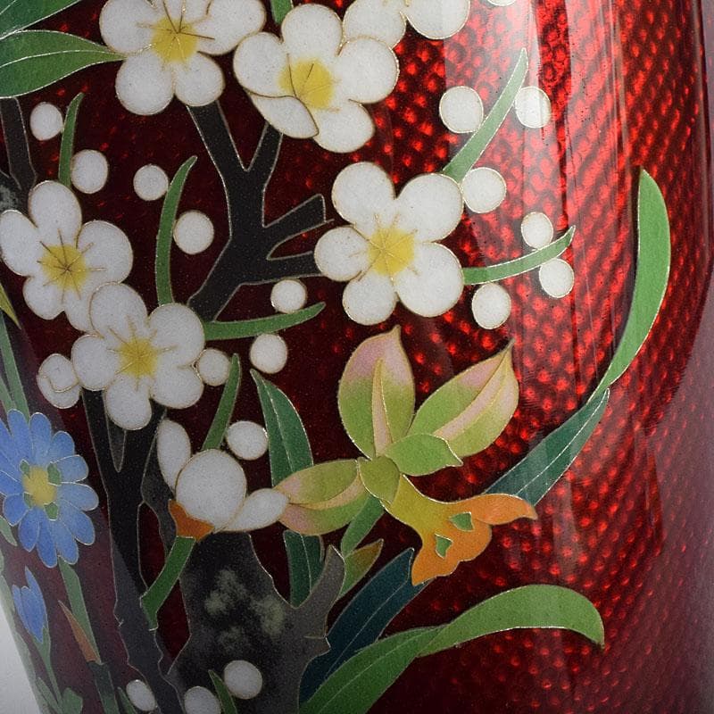 七宝焼　赤透釉　四君子文　花瓶　共箱　M　R9450