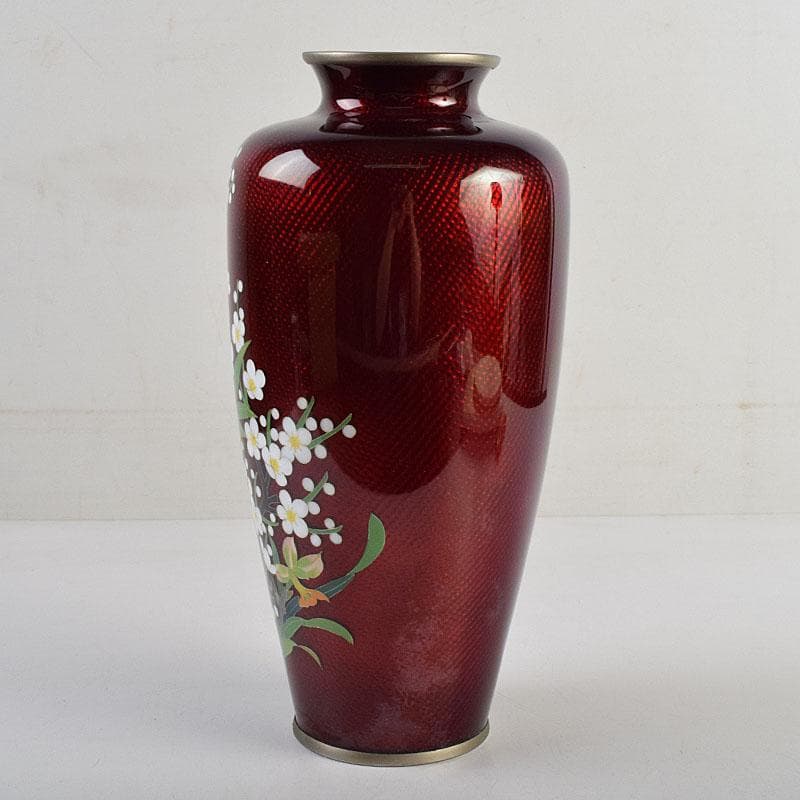 七宝焼　赤透釉　四君子文　花瓶　共箱　M　R9450