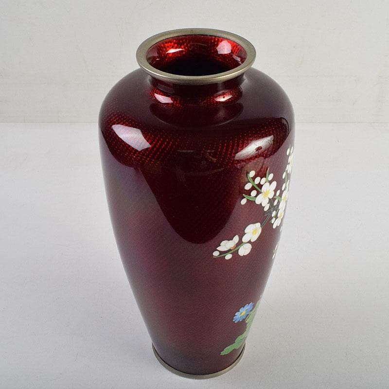 七宝焼　赤透釉　四君子文　花瓶　共箱　M　R9450