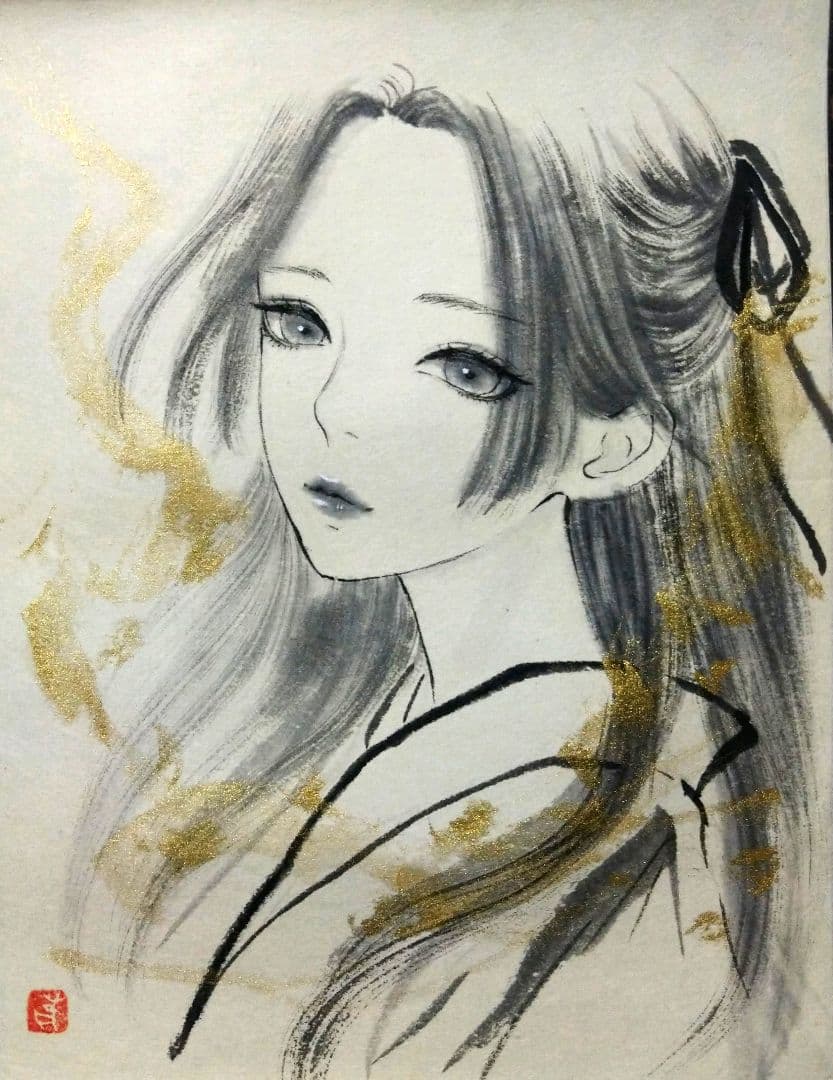 肉筆原画　ドローイング　水墨画　墨絵　美人画　絵画　和装
