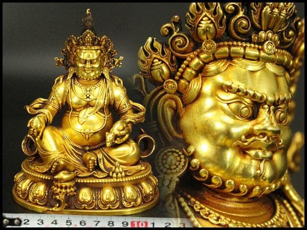 中国美術 銅鍍金黄財寶天王 永楽年製 文字 チベット仏 仏教(HA526)