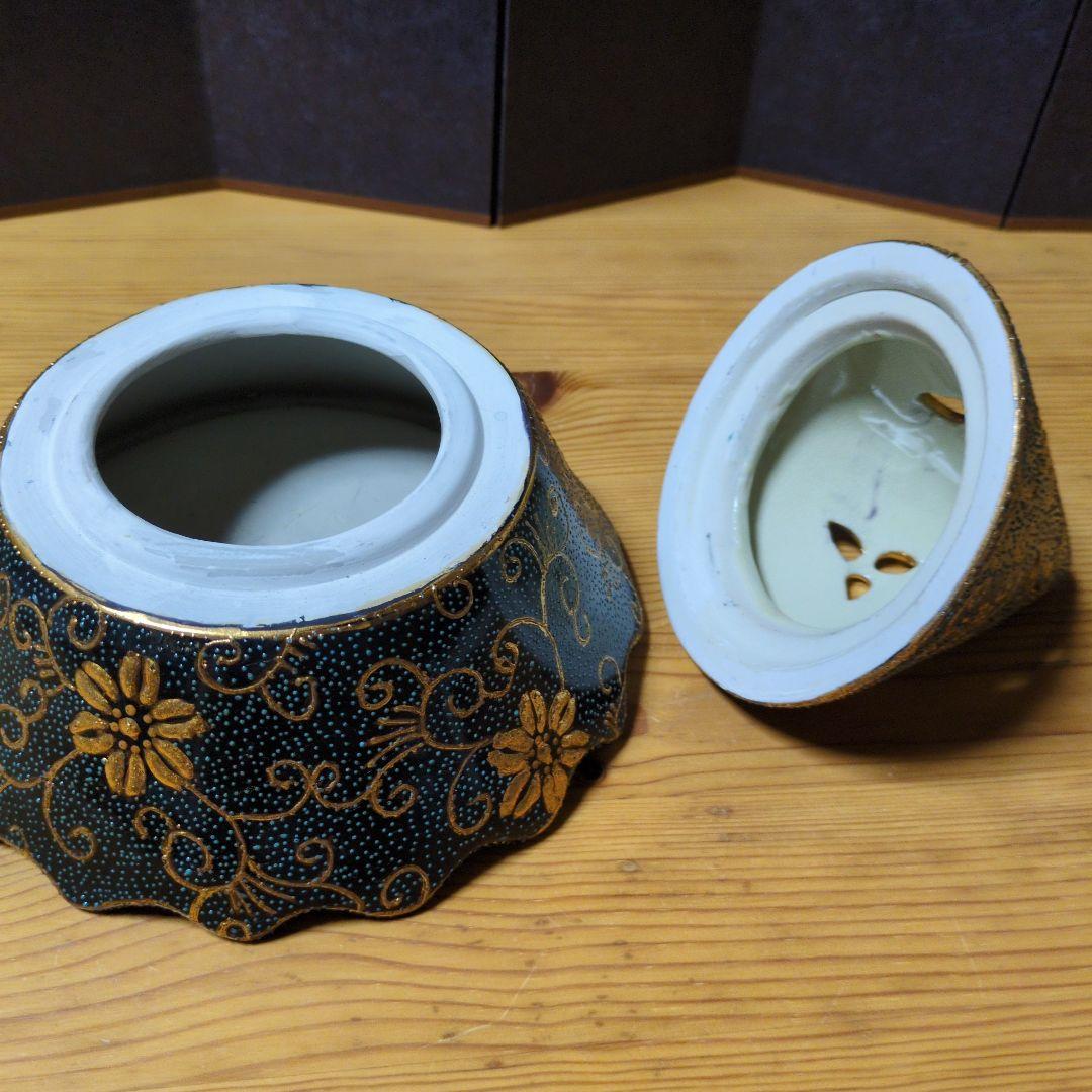 希少 薩摩焼 骨董 円錐形 16.5cm 香炉 九谷金彩青粒鉄仙 唐草 茶道具