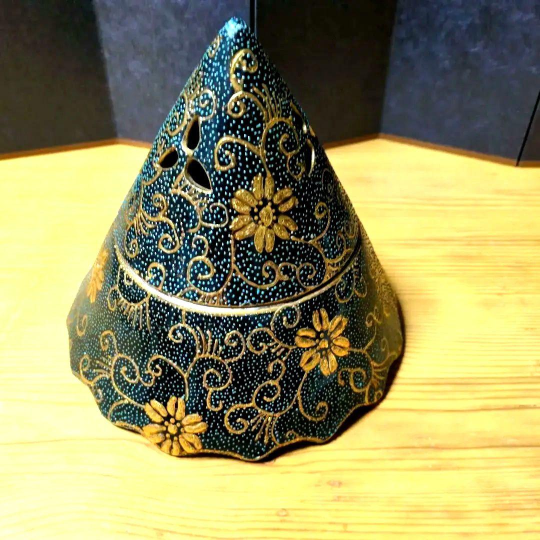 希少 薩摩焼 骨董 円錐形 16.5cm 香炉 九谷金彩青粒鉄仙 唐草 茶道具