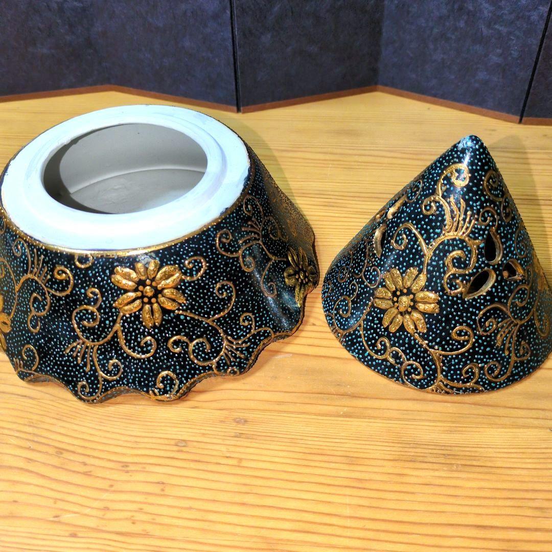 希少 薩摩焼 骨董 円錐形 16.5cm 香炉 九谷金彩青粒鉄仙 唐草 茶道具