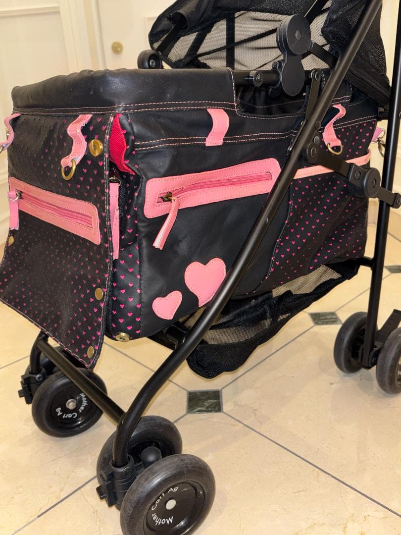 ペットカート ブラック ピンク ハート柄