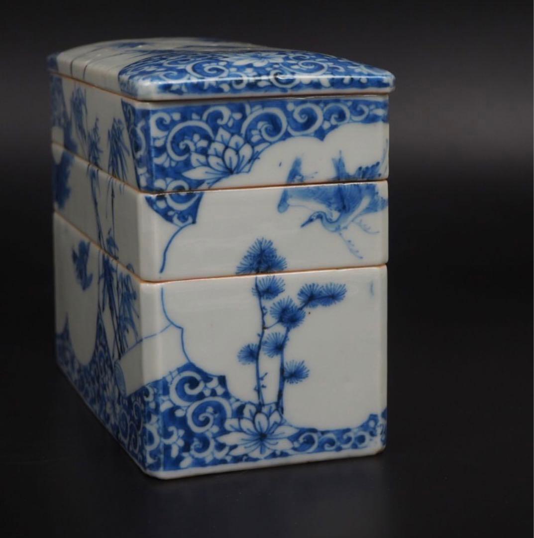 送料無料 明治7年(1874年)購入　青花四君子鳥図三重箱　共箱★大珍品★