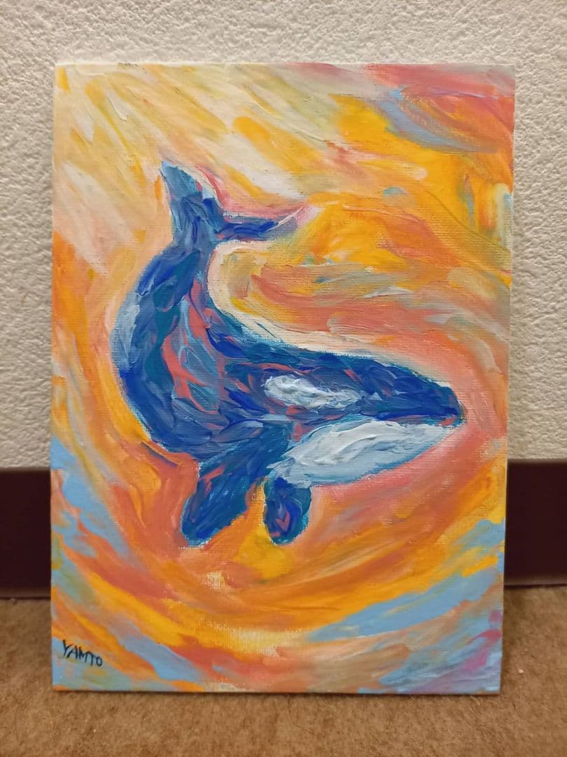 原画【 ぬくもり 】アクリル水彩画/フィンガーアート/シャチイラスト/海/絵画