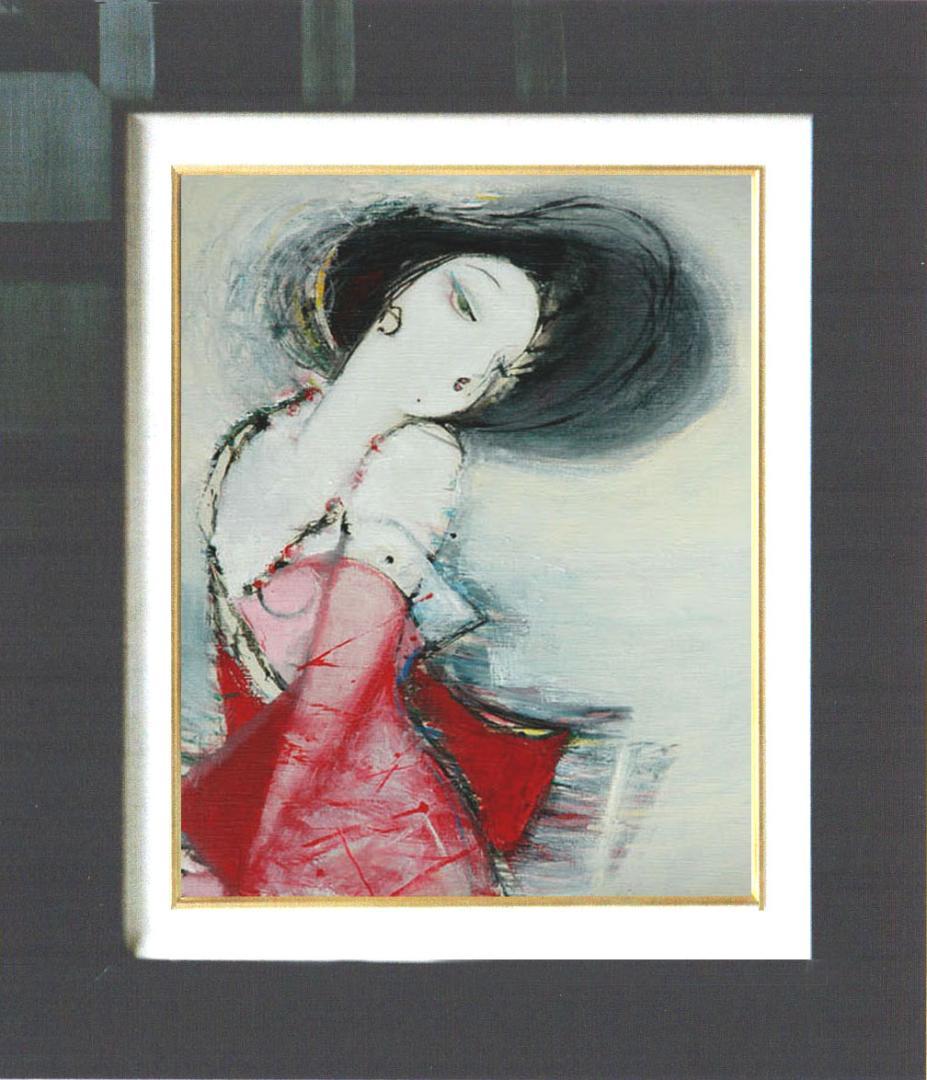 油絵 菅家令子 絵 絵画インテリア額付(青緑＋金色の枠) F6-082711女性