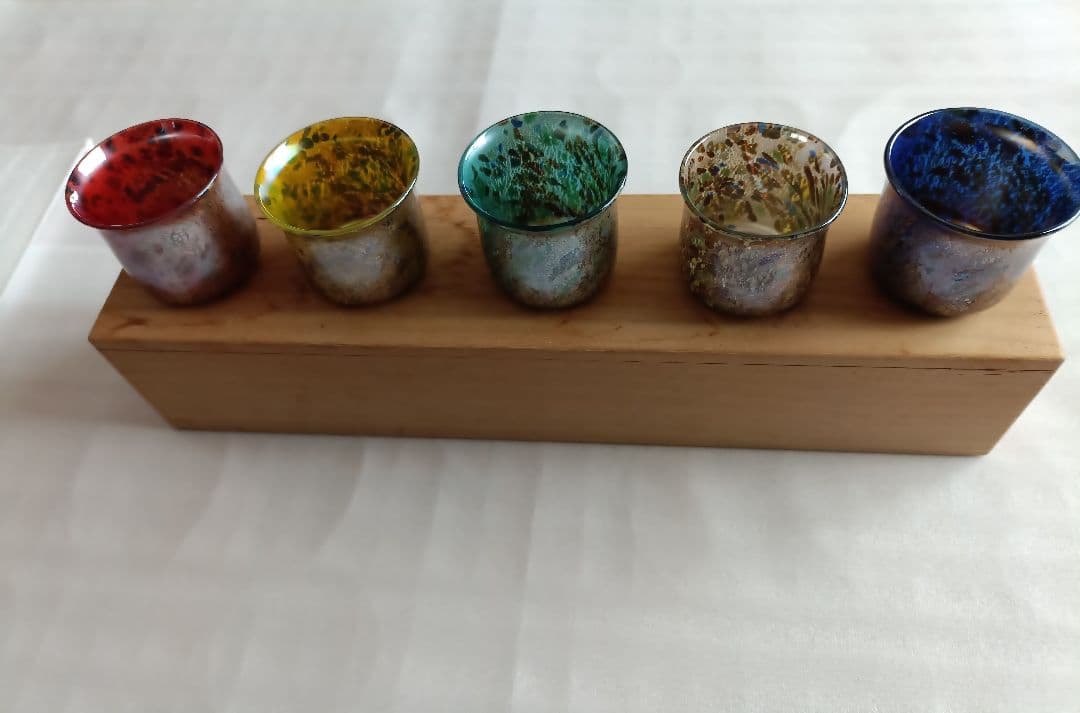 銀彩変ガラス　ぐい呑み5個セット　江副行昭作品