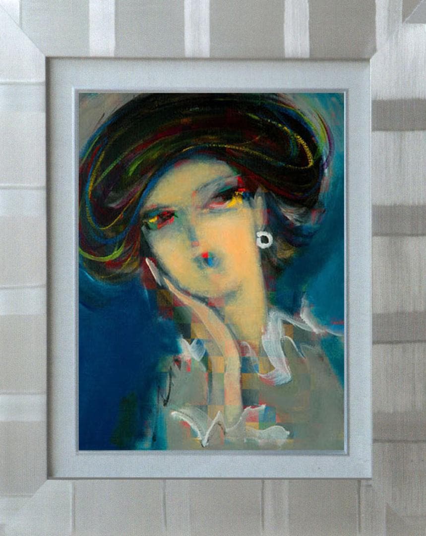 油絵 絵 絵画インテリア 額付(青緑＋金色の枠)油絵 F4-051713 女性