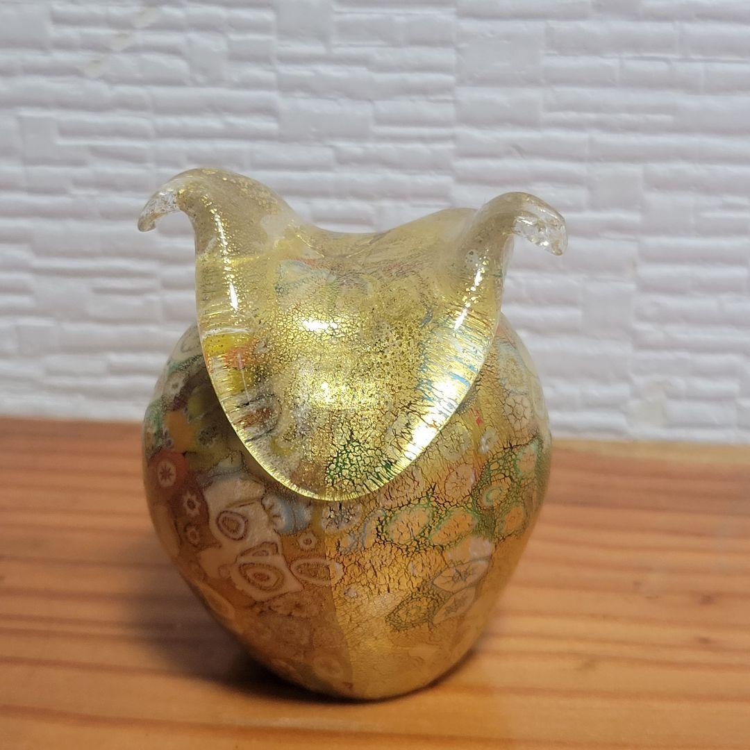 イタリアベネチアガラス　ムラノガラス　フクロウ　金彩