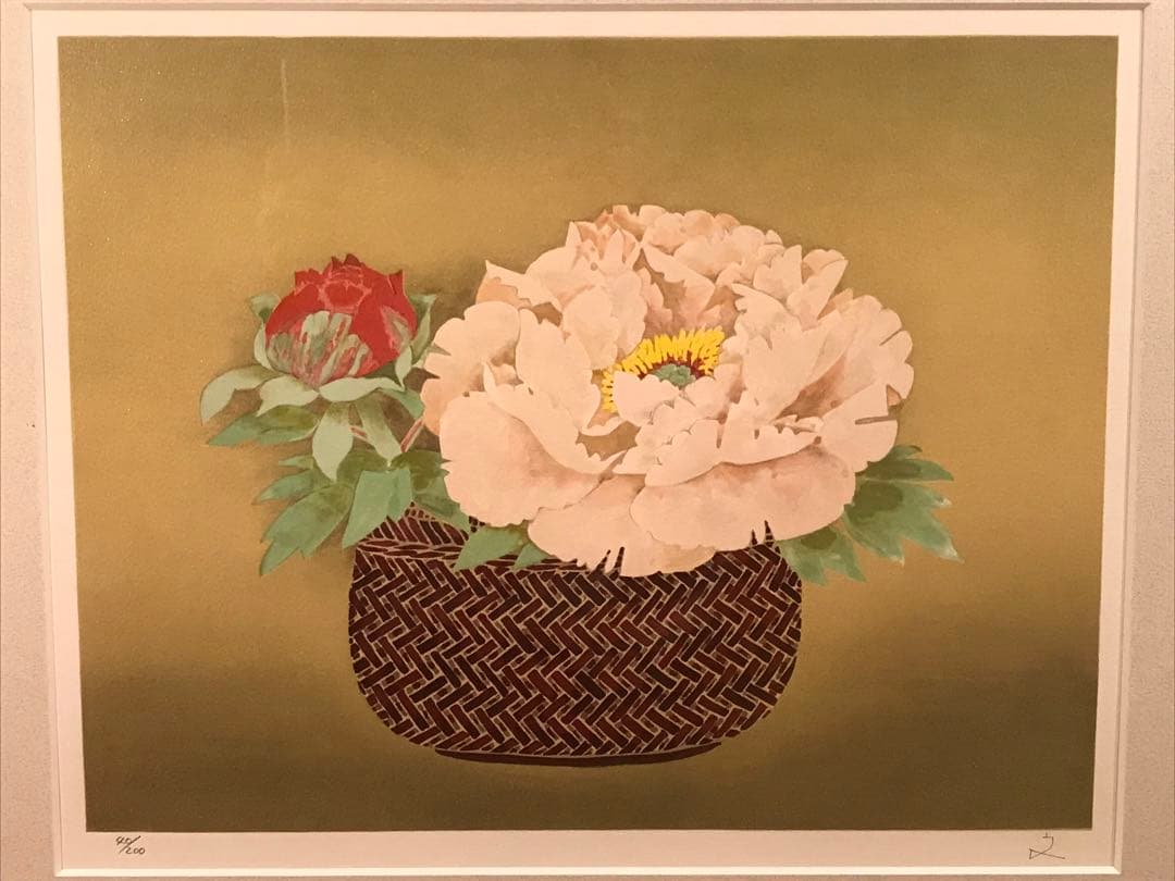 堀文子　「牡丹」　リトグラフ　直筆サイン・エディション・作品証明シール有り