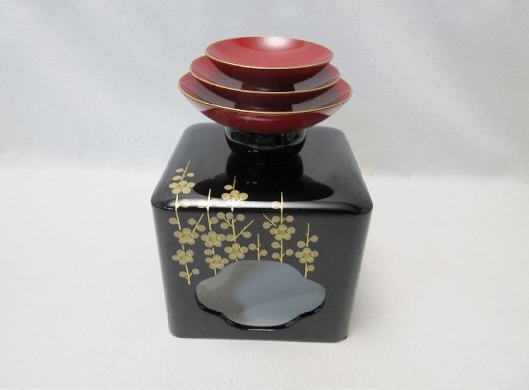 ほぼ未使用 茶道具 天然木製 本漆黒塗 会津塗 屠蘇器 立梅蒔絵 元箱