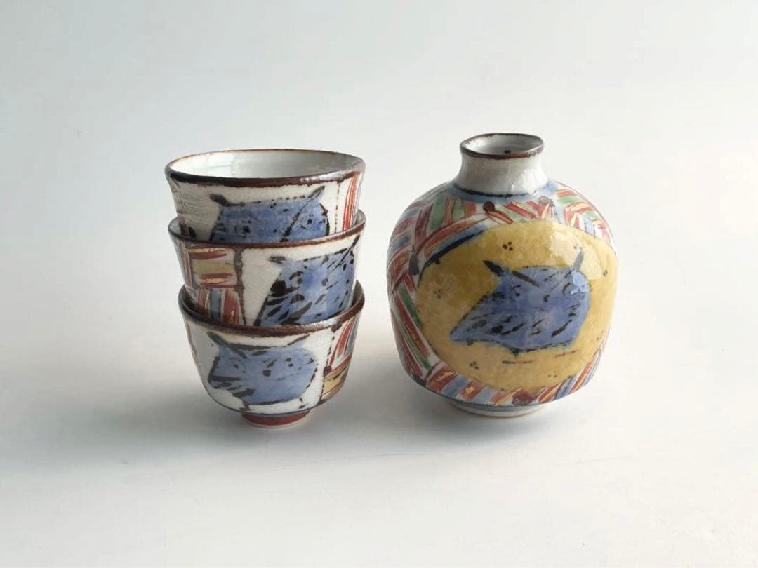 陶芸家　前田正博　色絵　金彩　ふくろう　酒器揃　徳利　ぐい呑　セット　酒器　酒杯