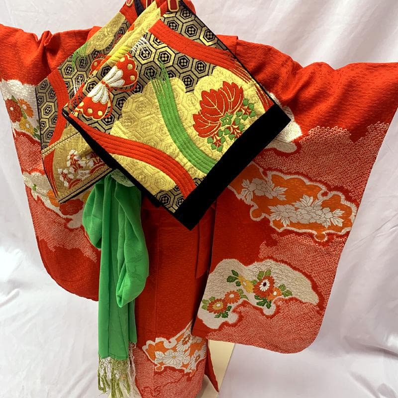512ag31お着物のみ□七五三 七歳 女児 着物&袋帯&長襦袢 花 絞染め 赤