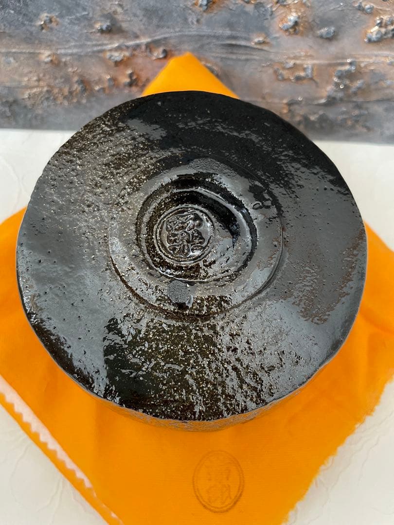 【茶道具】佐々木昭楽　楽焼　七里光悦写　黒色陶器茶碗 茶巾共箱付き　茶碗⑦