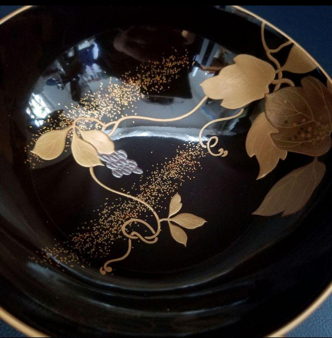 美品 輪島塗 黒漆塗 本金加賀蒔絵 金銀彩内・見返し総蒔絵 吸物椀 雑煮 2客