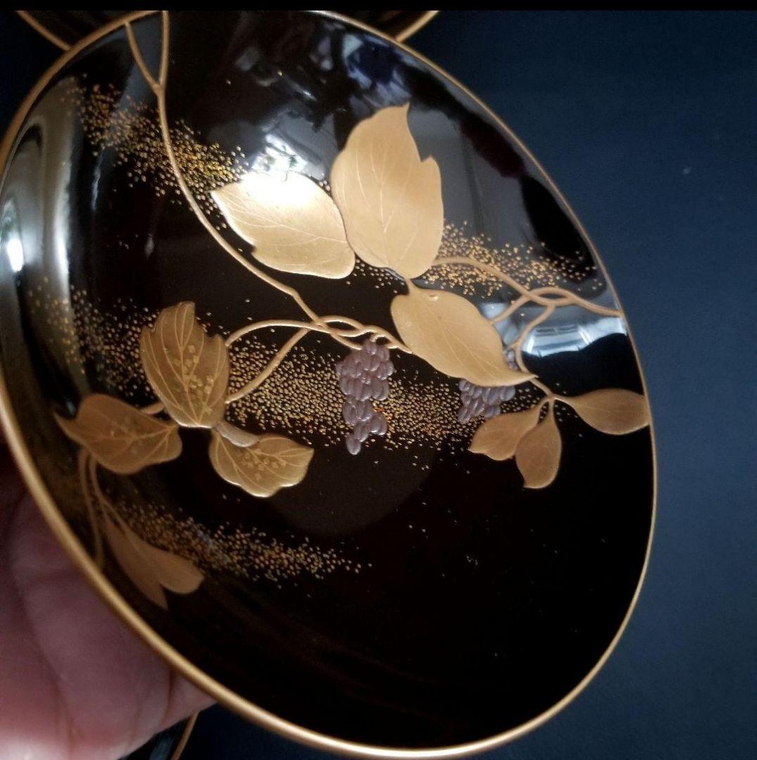 美品 輪島塗 黒漆塗 本金加賀蒔絵 金銀彩内・見返し総蒔絵 吸物椀 雑煮 2客