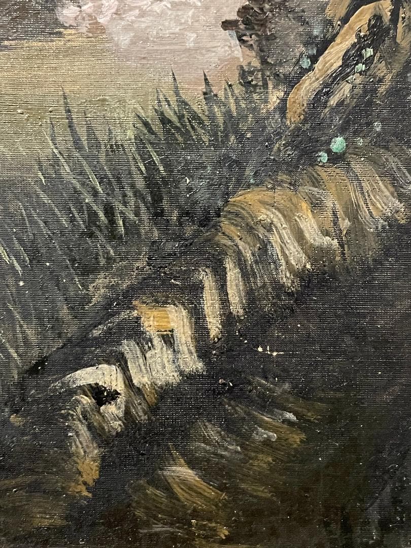 「真作」作者不明「桜の図」風景画　油彩画　額装　サイン有り