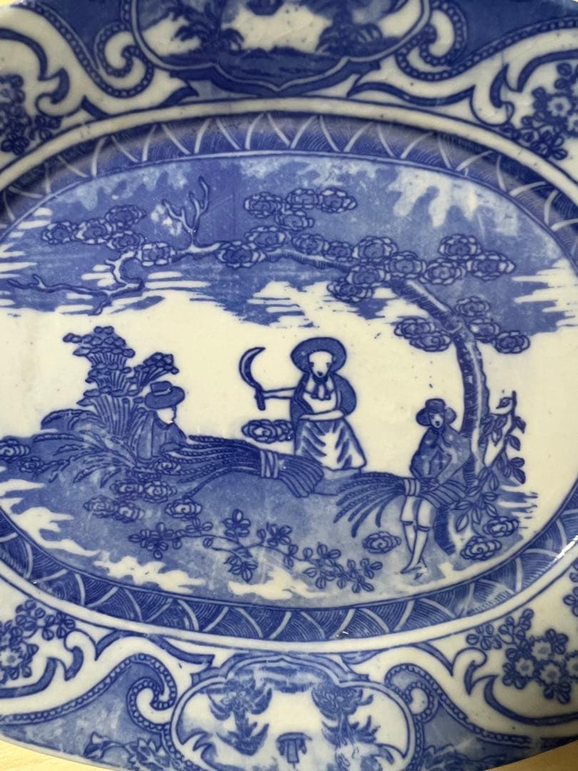 染付 銅版 転写 印判 皿 大皿 明治 図変わり 骨董品 美濃窯 瀬戸