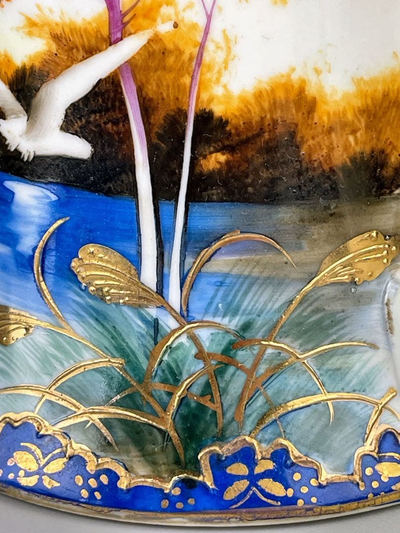 オールドニッポン カモメ 風景図 ティーポット アールヌーボー 金盛り