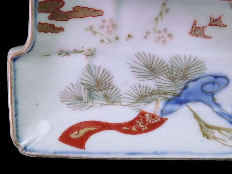 古伊万里　染錦　梅に菊　松に短冊の図　変形長皿　５客　B048AS-CWx