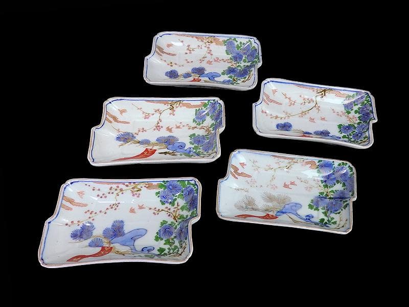 古伊万里　染錦　梅に菊　松に短冊の図　変形長皿　５客　B048AS-CWx