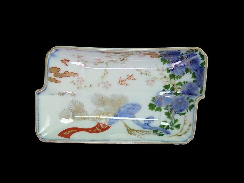 古伊万里　染錦　梅に菊　松に短冊の図　変形長皿　５客　B048AS-CWx