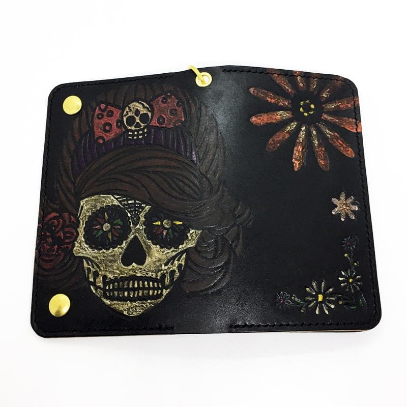 【本革】ミドルトラッカーウォレット 真鍮 ★シュガースカル&フラワー★ レザー