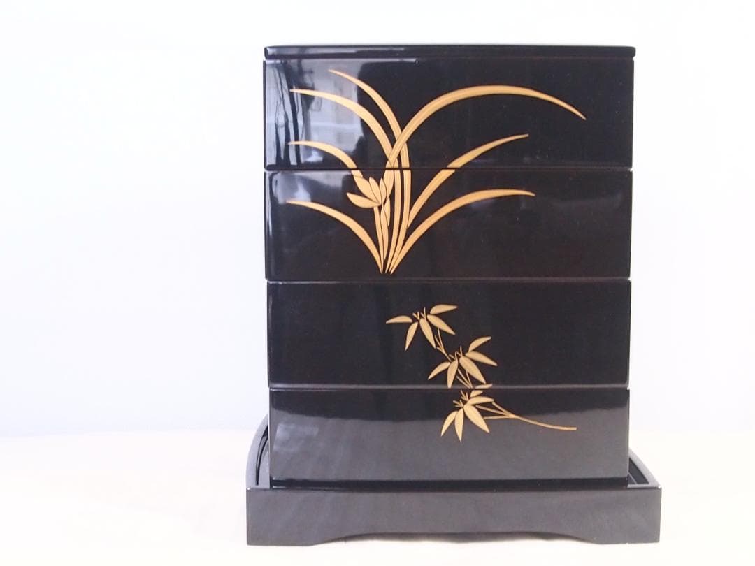 【美品】輪島塗 大向高洲堂 五聖蒔絵 四段重箱 台付き お重/弁当箱 漆器/食器