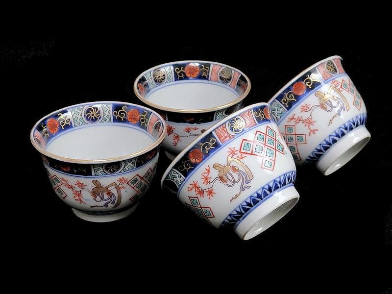 古伊万里　金襴手　烏帽子に紅葉の図　向付　４客　E203AS-BWg