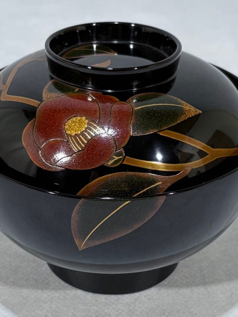 輪島塗　元岡光漆堂謹製　蒔絵師 静峰　塗師 清斉　椿蒔絵 吸物椀五客　美品　共箱