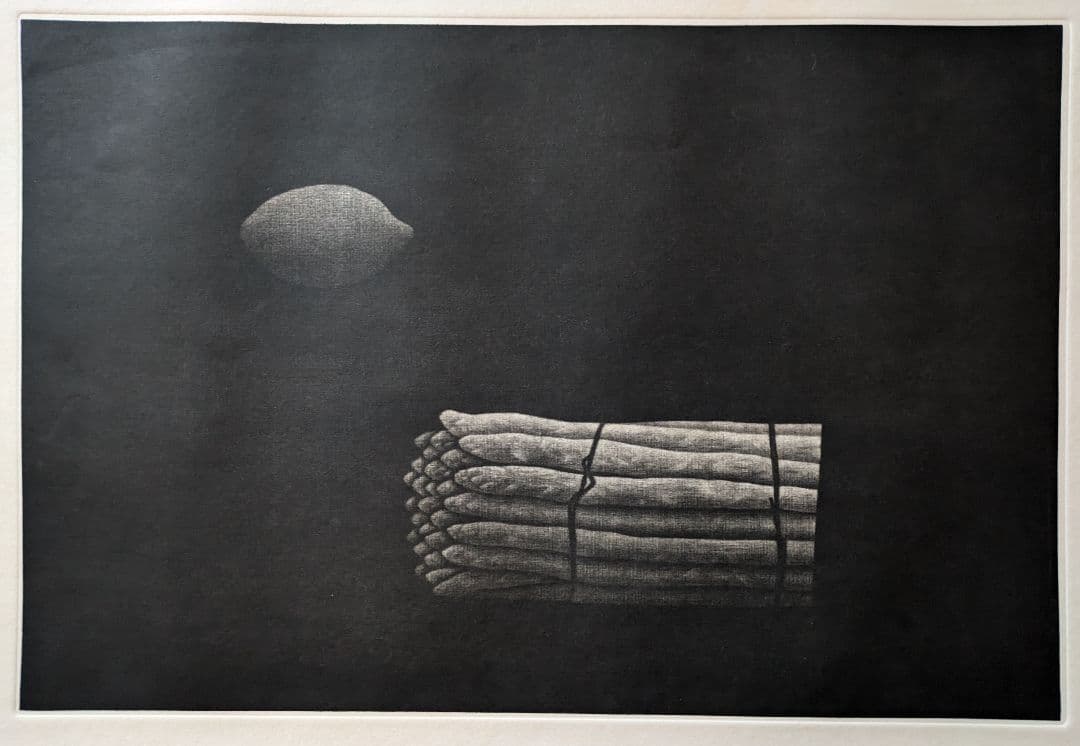 格安e浜口陽三の腐蝕銅版画　“黒”が織りなす静謐な銅版画「アスパラガス 」美品