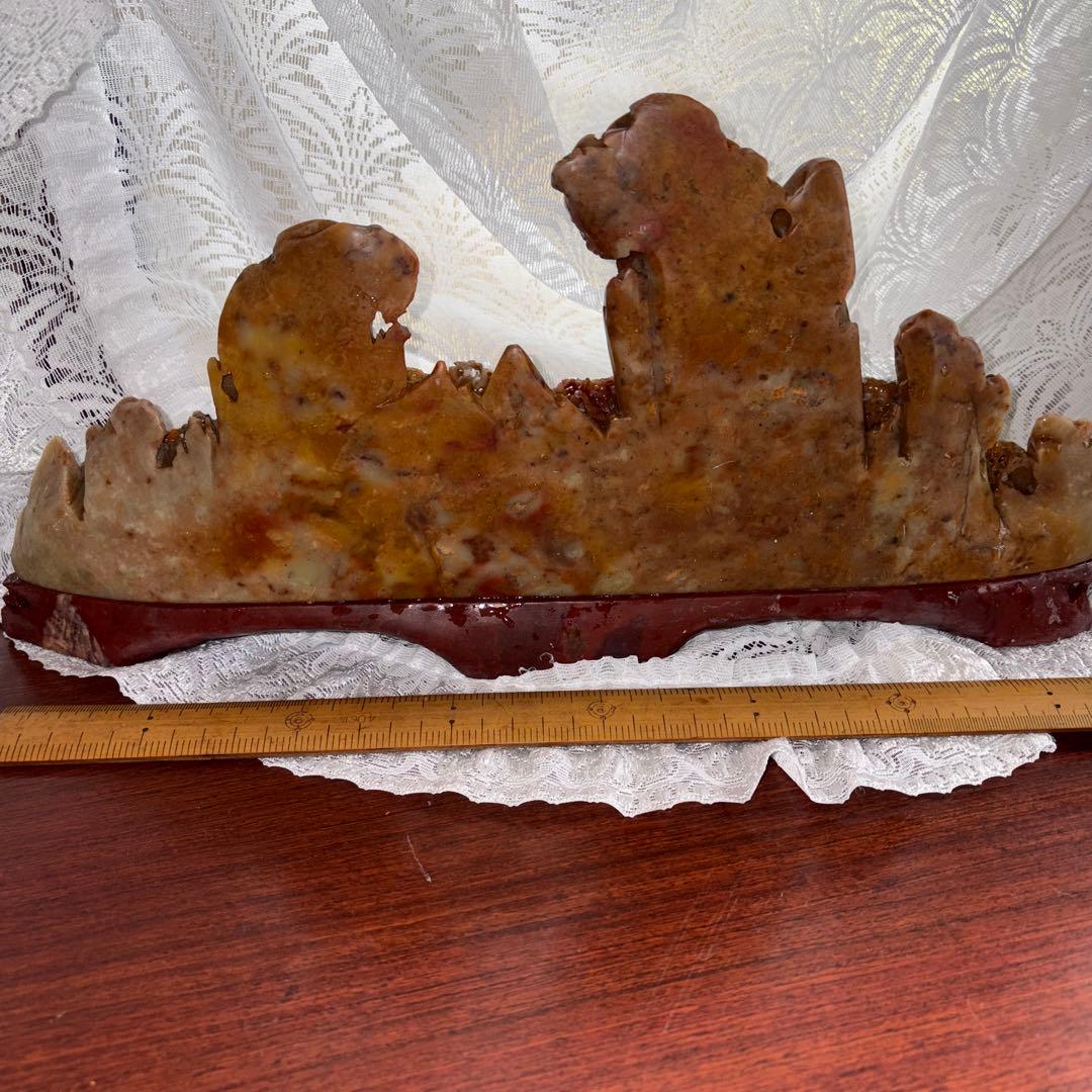 中国翡翠 彫刻 風景 船 山景色　置物　アート　40cm