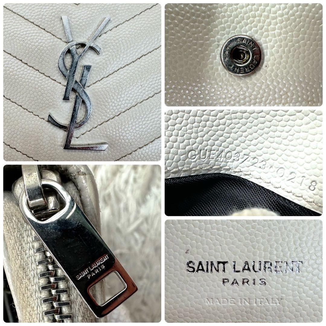 【美品】サンローラン 二つ折り財布 ホワイト Vステッチ キャビアスキン YSL