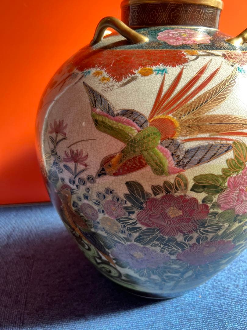 890 九谷焼 湖東 四つ耳付  花鳥　大壺 花入れ 花瓶　時代物