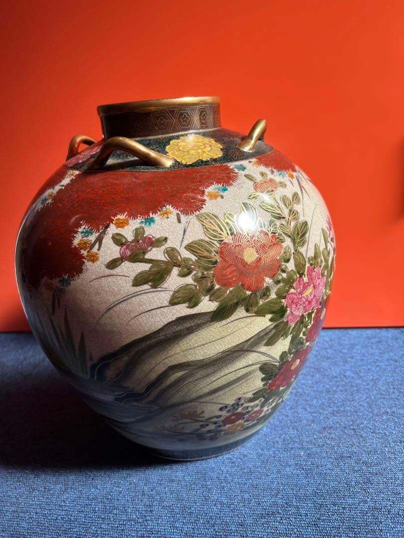 890 九谷焼 湖東 四つ耳付  花鳥　大壺 花入れ 花瓶　時代物