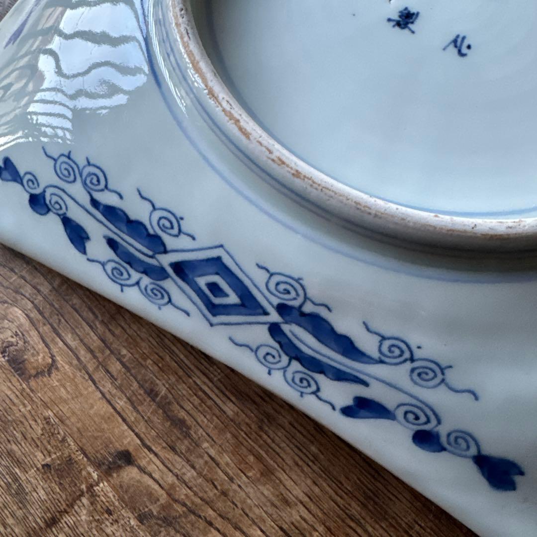 江戸後期 古伊万里 染付十二支図隅入角皿 図変わり！K307