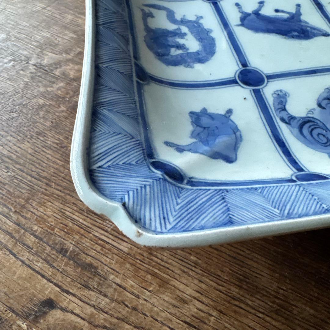 江戸後期 古伊万里 染付十二支図隅入角皿 図変わり！K307