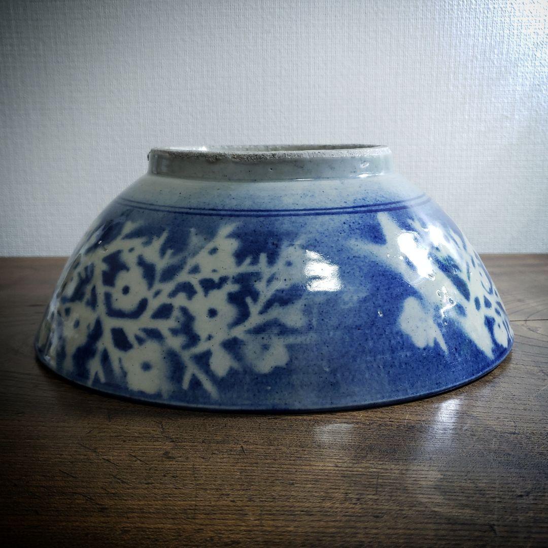 中国　鉢　青花染付梅図碗　清朝期　梅　染付　吹き付け　吹墨　丼